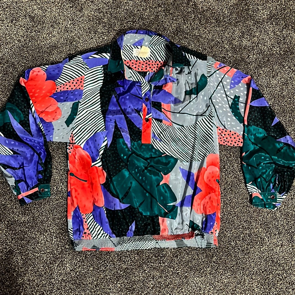 Vintage 80s Da-Rue of California women’s 14 shiny floral top retro blouse